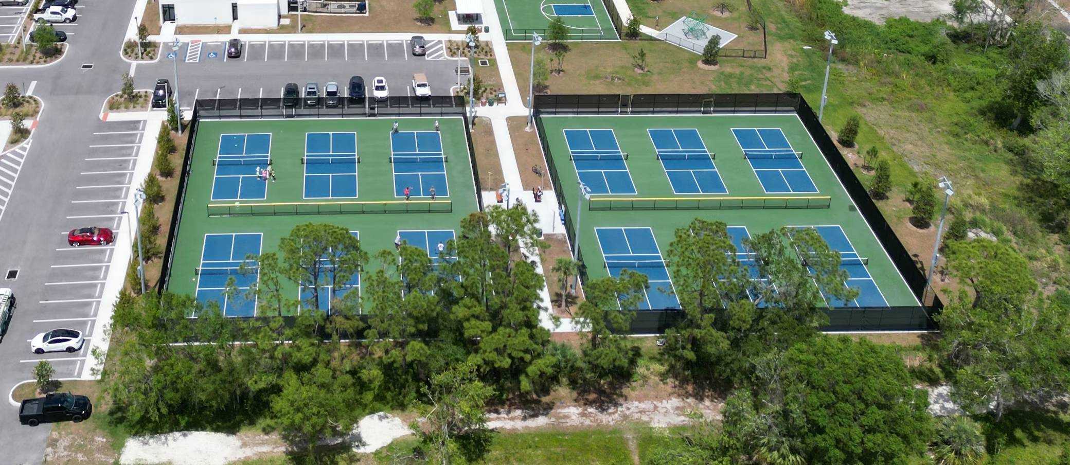 An aerial shot of some pickleball courts.